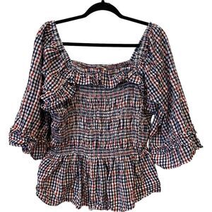 Romantic Gypsy Womens Blouse Plus 3X Multicolored Square Neck 3/4 Sleeve Smocked